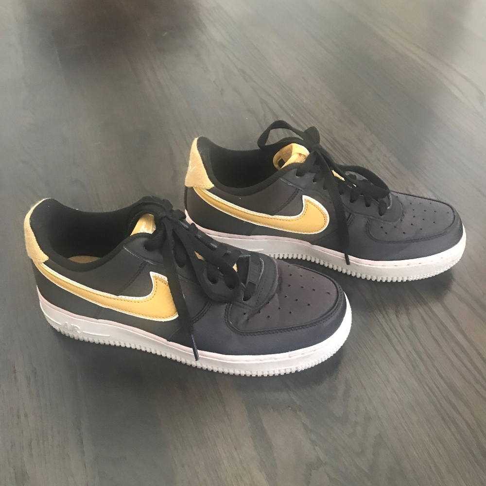 Nike Air Force 1 Black Satin wheat gold Sneaker womens